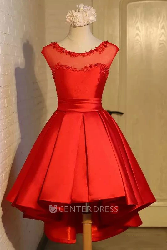 Short Sleeve A-line Bateau High-low Satin Prom Dress with Appliques Beading and Pleats