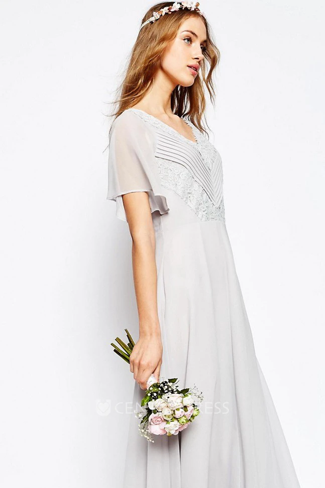 Ankle-Length Ruched V-Neck Poet Sleeve Chiffon Bridesmaid Dress With Appliques
