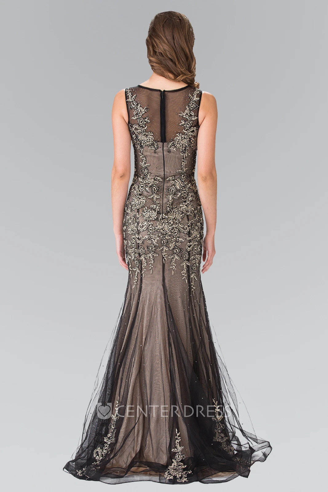 Sheath Jewel-Neck Sleeveless Tulle Illusion Dress With Appliques And Pleats