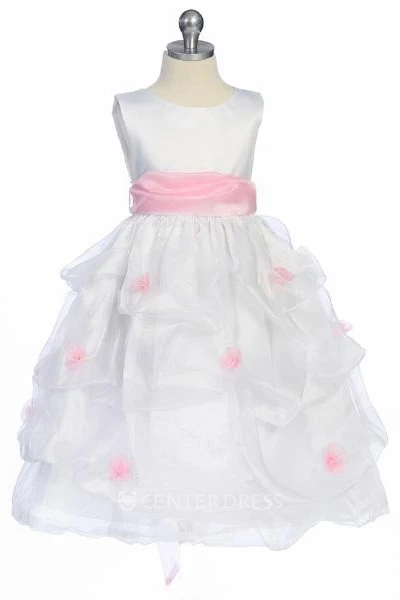 Tea-Length Ruched Organza&Satin Flower Girl Dress