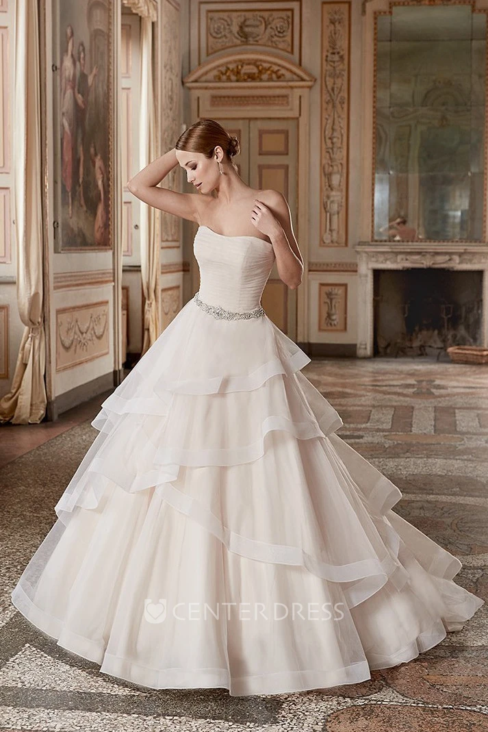 Ball Gown Tiered Strapless Floor-Length Sleeveless Organza Wedding Dress With Ruffles And Waist Jewellery