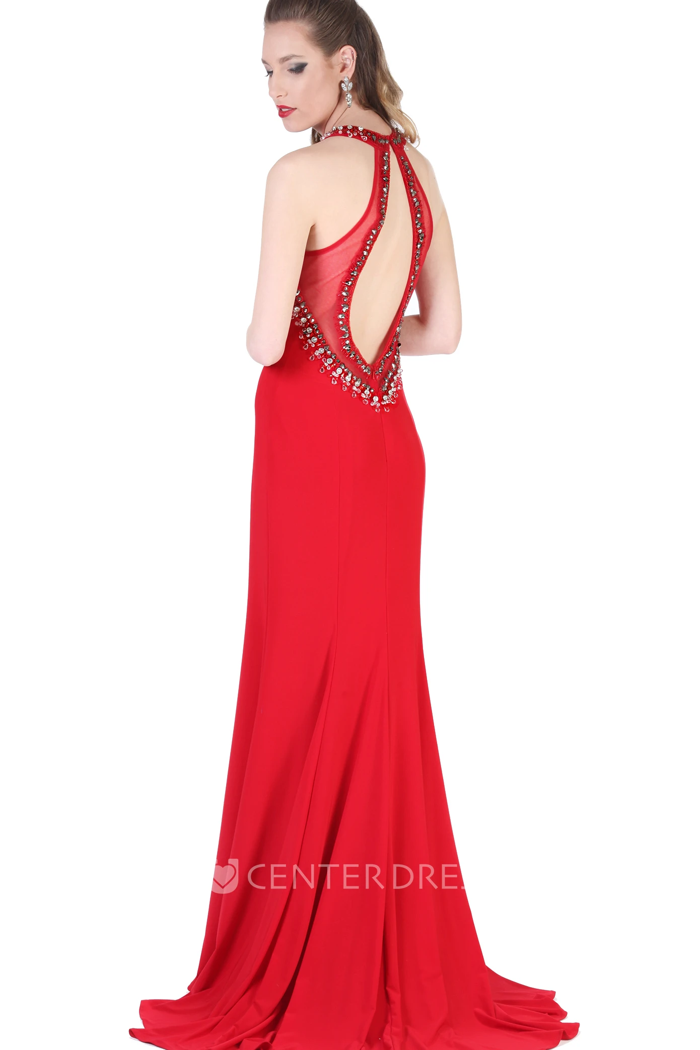 Sheath Floor-Length Sleeveless Scoop-Neck Beaded Jersey Evening Dress