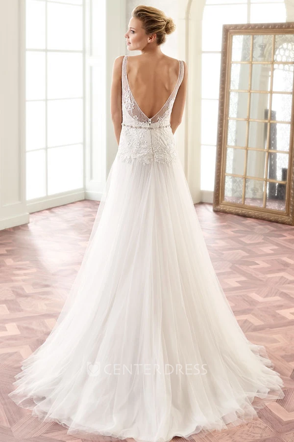 A-Line Floor-Length Sleeveless Appliqued V-Neck Lace Wedding Dress With Pleats And Waist Jewellery