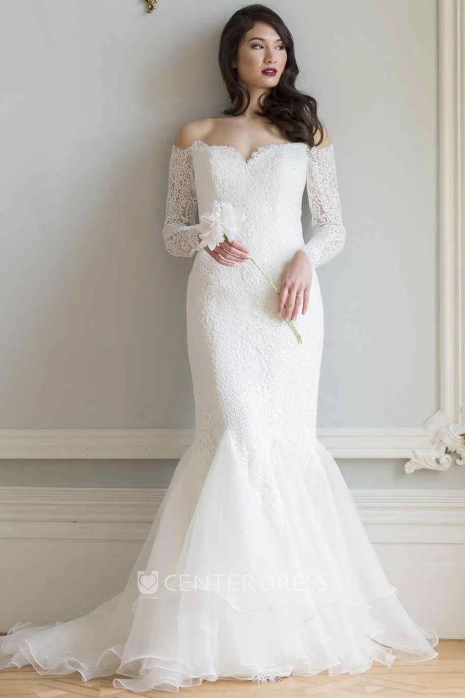 Trumpet Long Off-The-Shoulder Long-Sleeve Tiered Lace&Organza Wedding Dress With Draping And Illusion