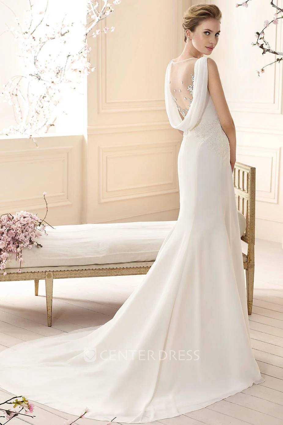 Sheath Cowl-Neck Floor-Length Appliqued Sleeveless Chiffon Wedding Dress