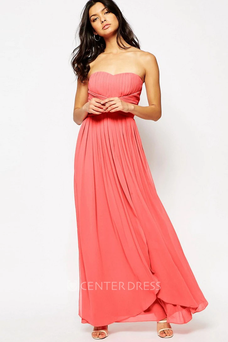 Sheath Ankle-Length Strapless Chiffon Bridesmaid Dress With Pleats And Zipper