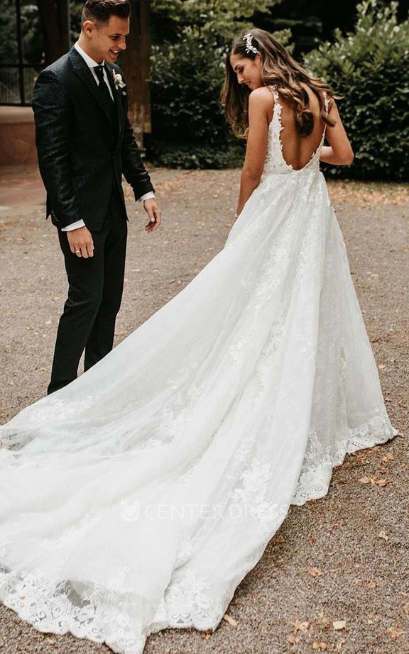 Romantic Lace V-neck Floor-length Court Train Sleeveless A Line Wedding Dress with Appliques