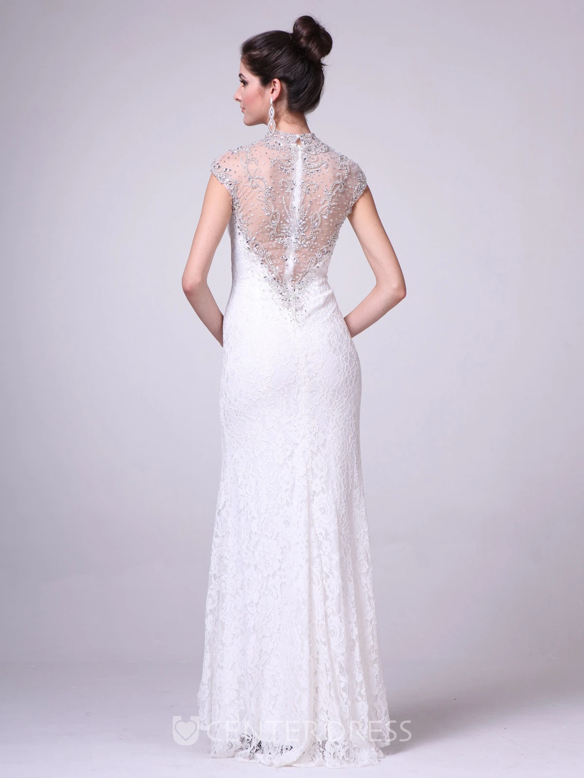 Sheath Maxi High Neck Cap-Sleeve Lace Illusion Dress With Beading And Split Front