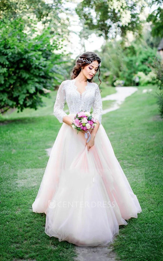 A-Line Short V-Neck Long Sleeve Bell Cap Zipper Tulle Lace Dress