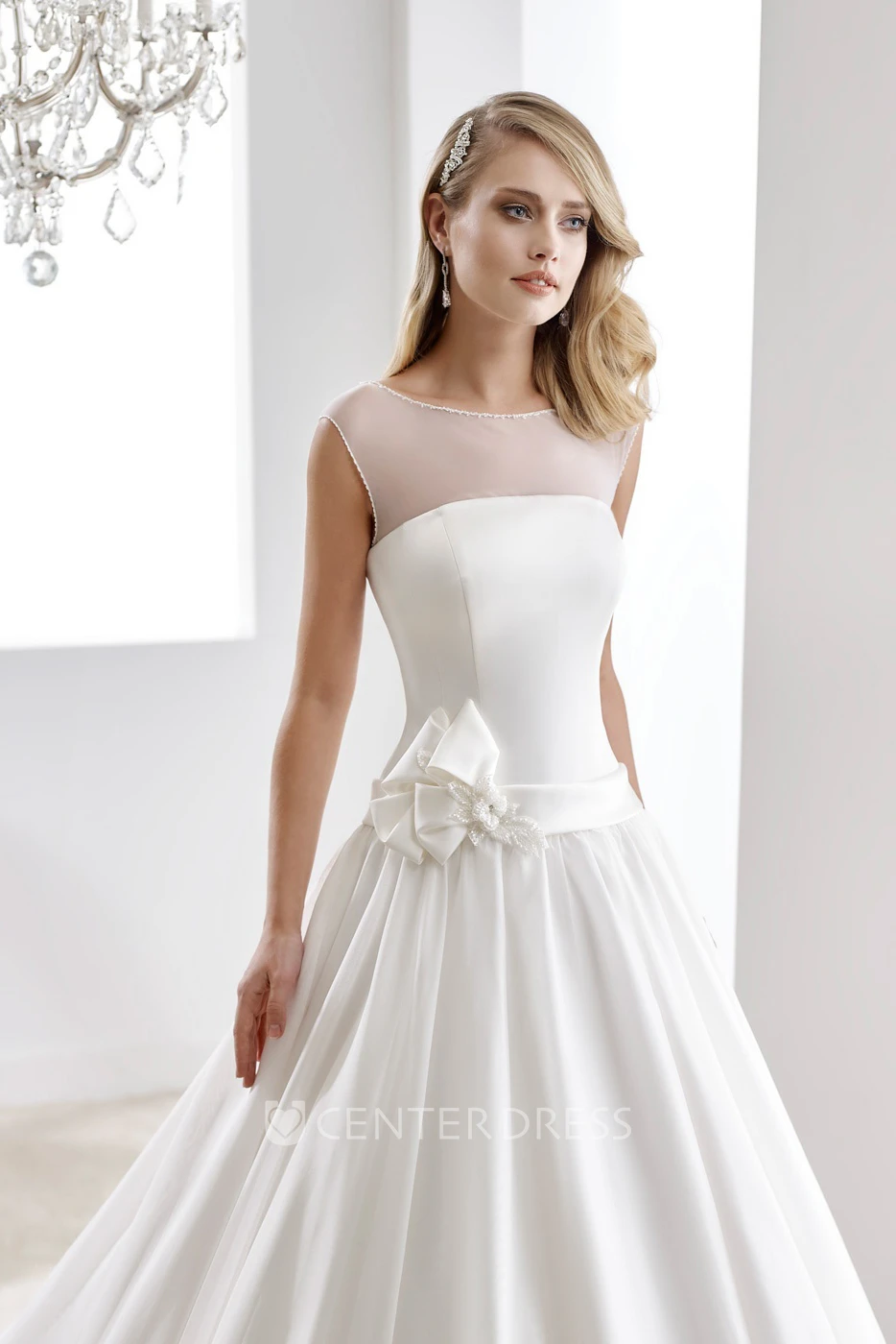 Cap sleeve Illusion A-line Dress with Flowers on One side of Waist
