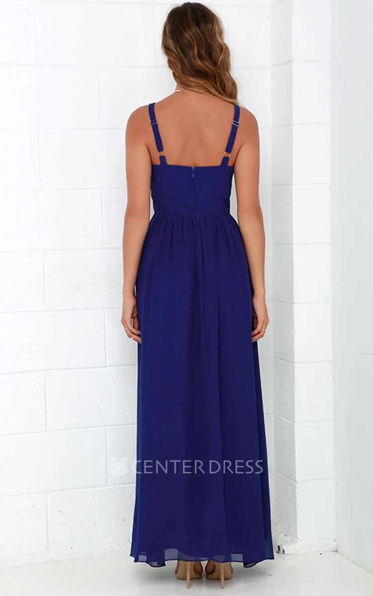 Simple Sleeveless V-Neck A-Line Chiffon Long Dress With Front Split
