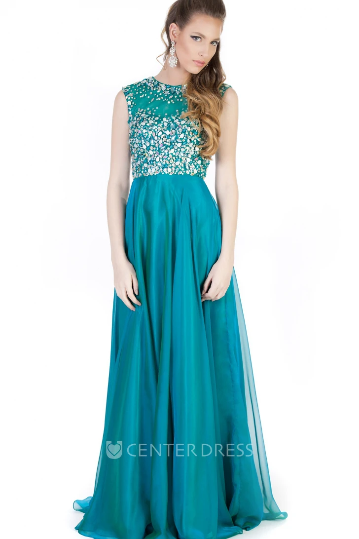 A-Line Beaded High-Neck Maxi Sleeveless Evening Dress With Pleats