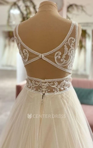 Casual Plunging Neckline A Line Tulle Sleeveless Floor-length Wedding Dress with Appliques