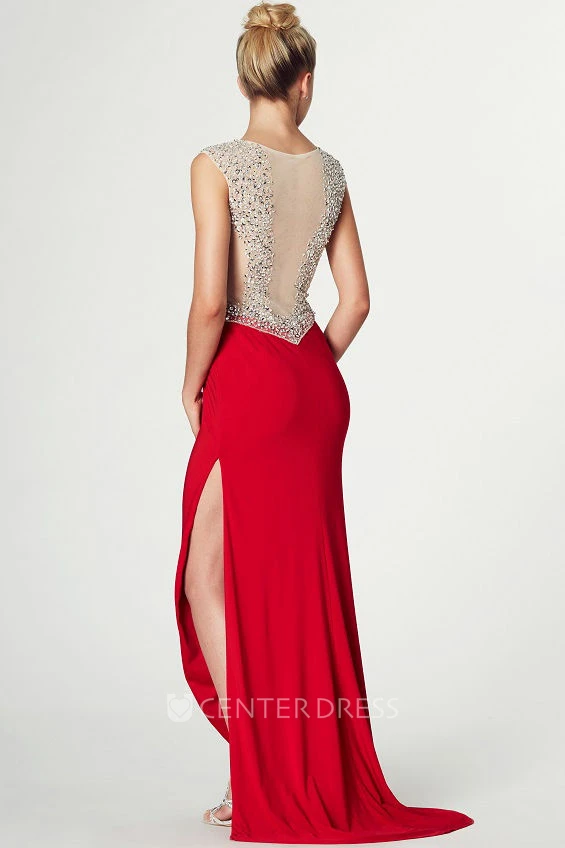 Split-Front Scoop Neck Cap Sleeve Jersey Prom Dress