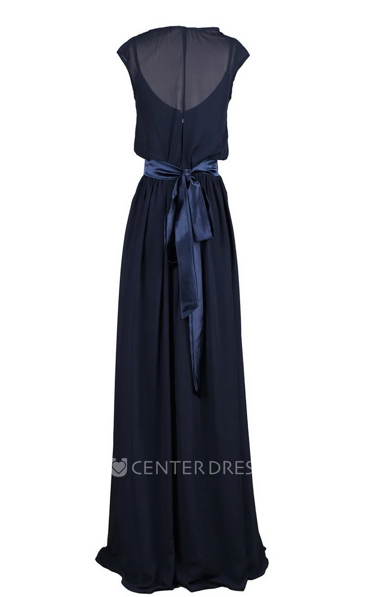 Cap-sleeved Long Chiffon Dress With Dropping