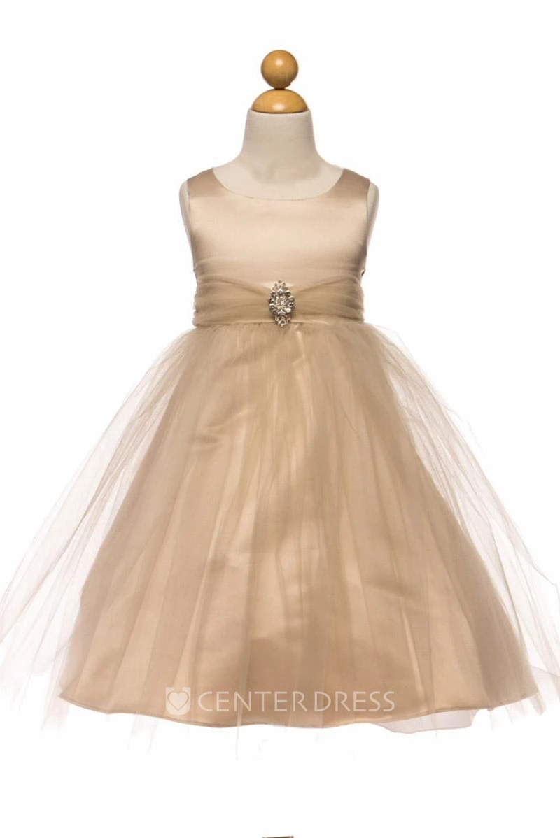 Tea-Length Beaded Tulle&Satin Flower Girl Dress With Broach