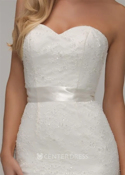 Long Sweetheart Beaded Lace Wedding Dress With Sweep Train And Corset Back