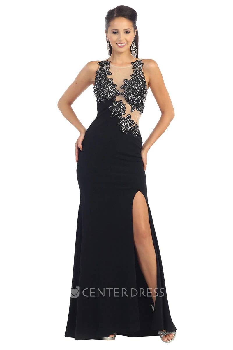 Sheath Scoop-Neck Sleeveless Jersey Illusion Dress With Split Front And Beading