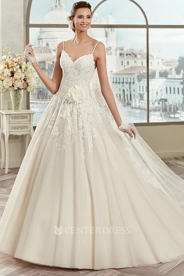 Sweetheart A-line Wedding Gown with Spaghetti Straps and Flowers