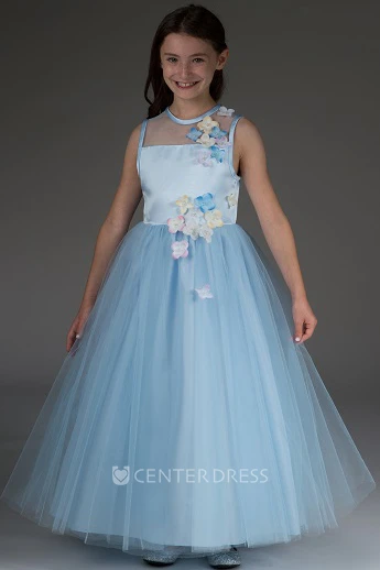 Flower Girl Jewel Neck Sleeveless Tulle Ball Gown With Flowers