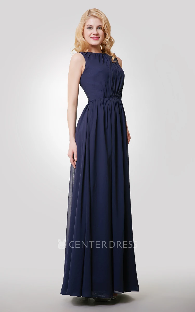 Sleeveless Chiffon Pleated Floor Length Dress With Keyhole Back