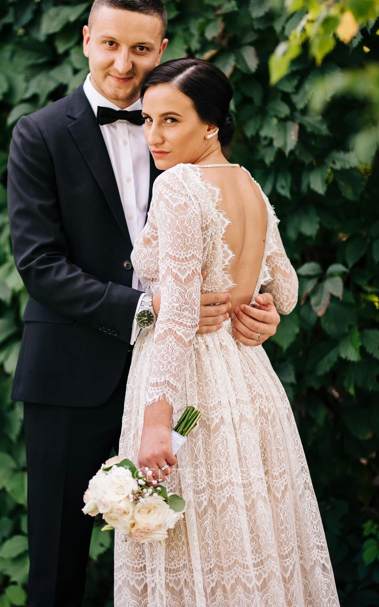 A-Line Lace Modest Warm Wedding Dress With Illusion Sleeve And Open Back