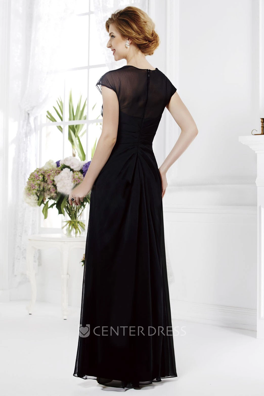 Cap-Sleeved Square-Neck Long Mother Of The Bride Dress With Crystals