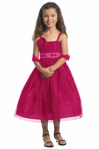 Spaghetti Tea-Length Bowed Sequins Flower Girl Dress With Cape