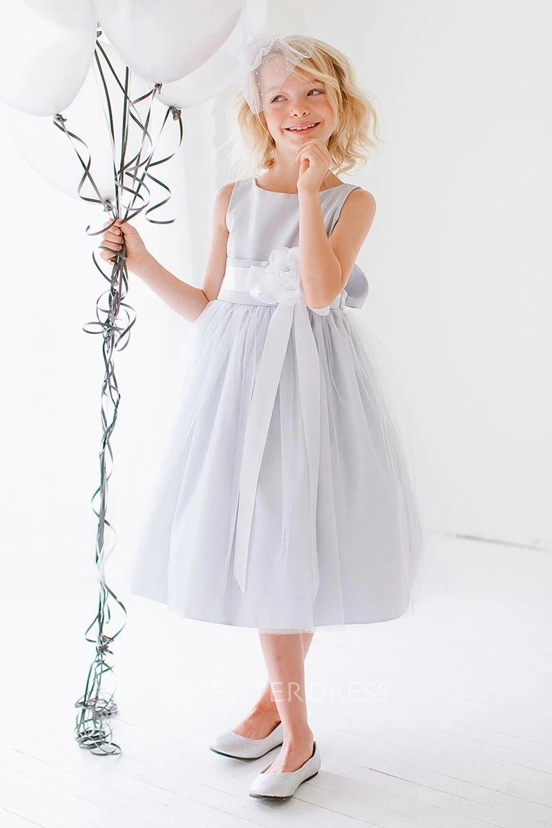 Tea-Length Tiered Tulle&Satin Flower Girl Dress