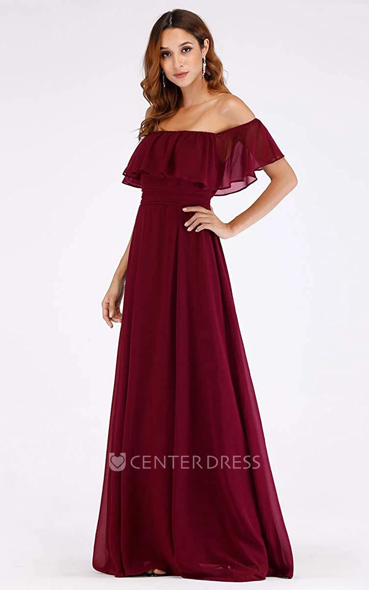 Simple A Line Chiffon Off-the-shoulder Evening Dress With Ruffles and Split Front