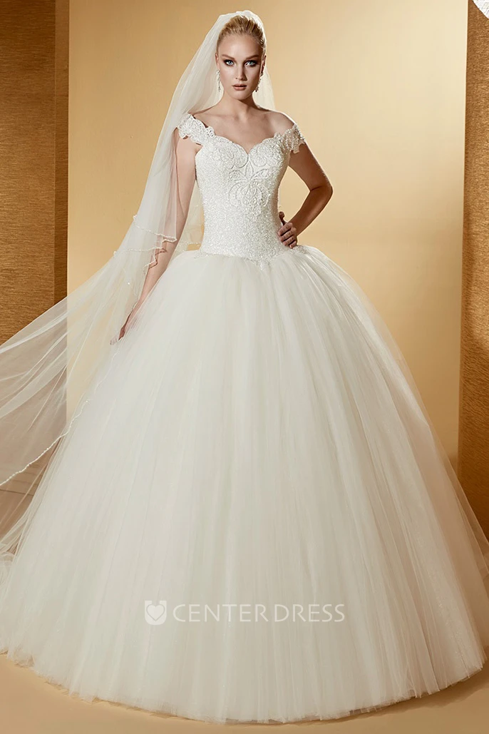Classic V-Neck Ball Gown With Cap Sleeves And Lace-Up Back