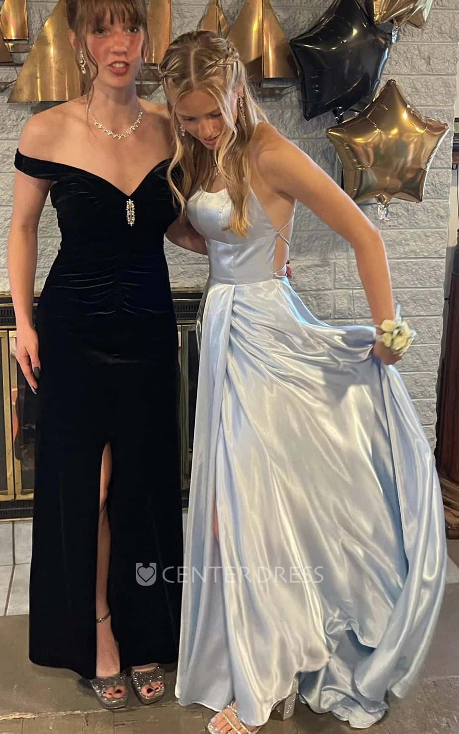 A-Line Satin Off-Shoulder Sleeveless Evening Dress with Split Front and Train Elegant Sexy Dress