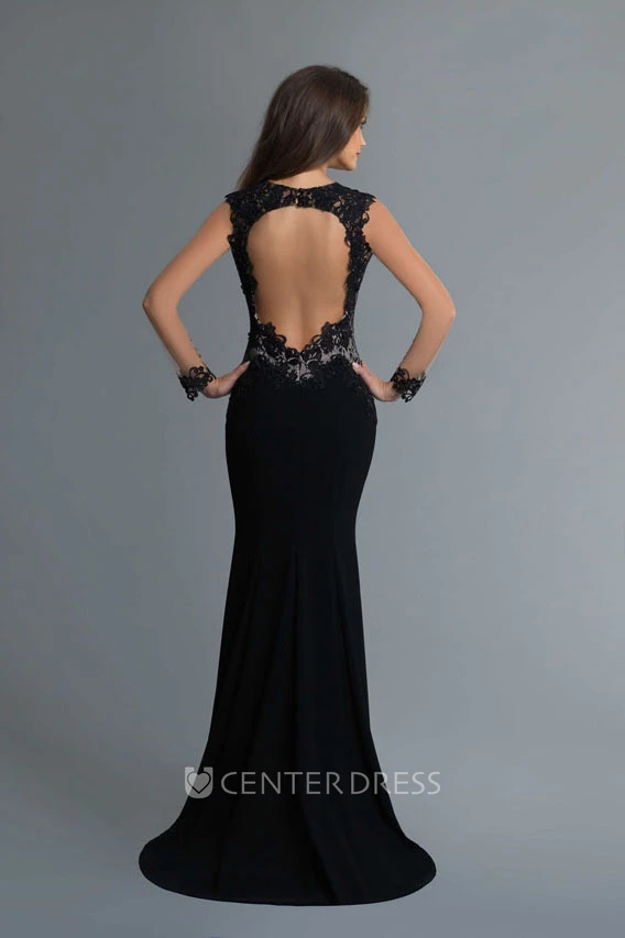 Sheath Scoop-Neck Long Sleeve Jersey Lace Keyhole Dress