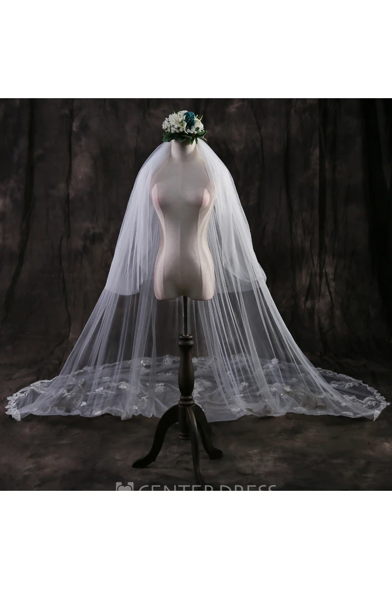 Ethereal Cathedral Tulle Wedding Veil with Lace Edge and Flower Appliques