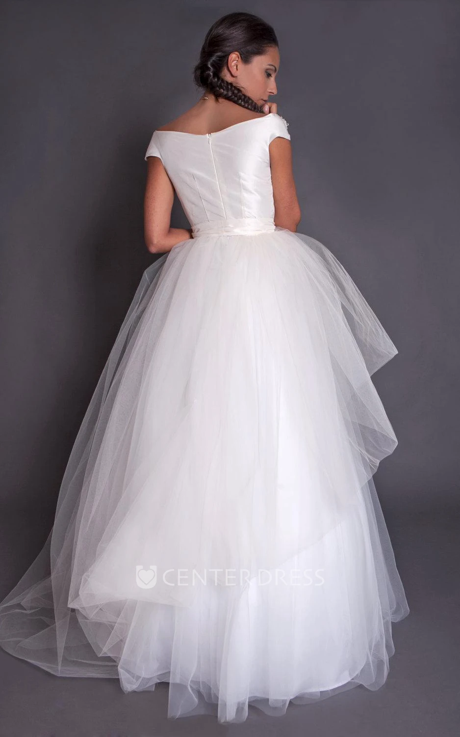 Asymmetrical Tulle Lace Taffeta Dress With Beading Zipper