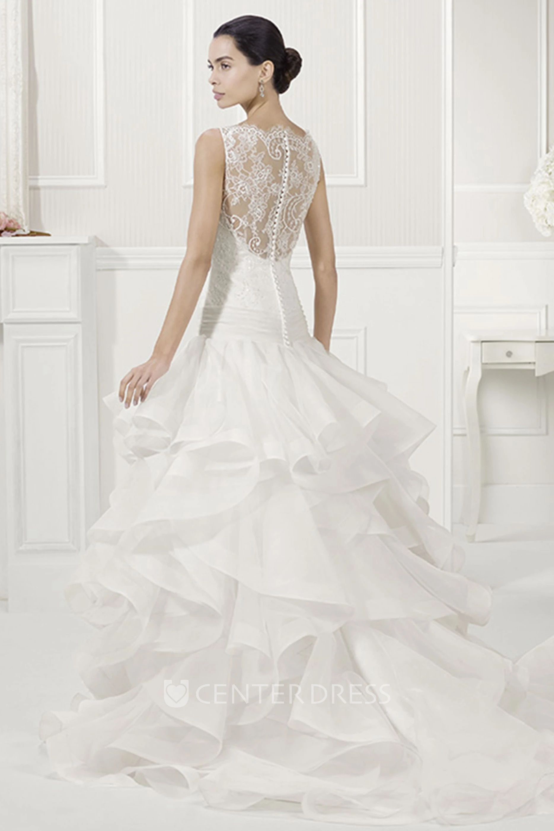Illusion Bateau Neck Drop Waist Bridal Gown With Tiered Organza Skirt