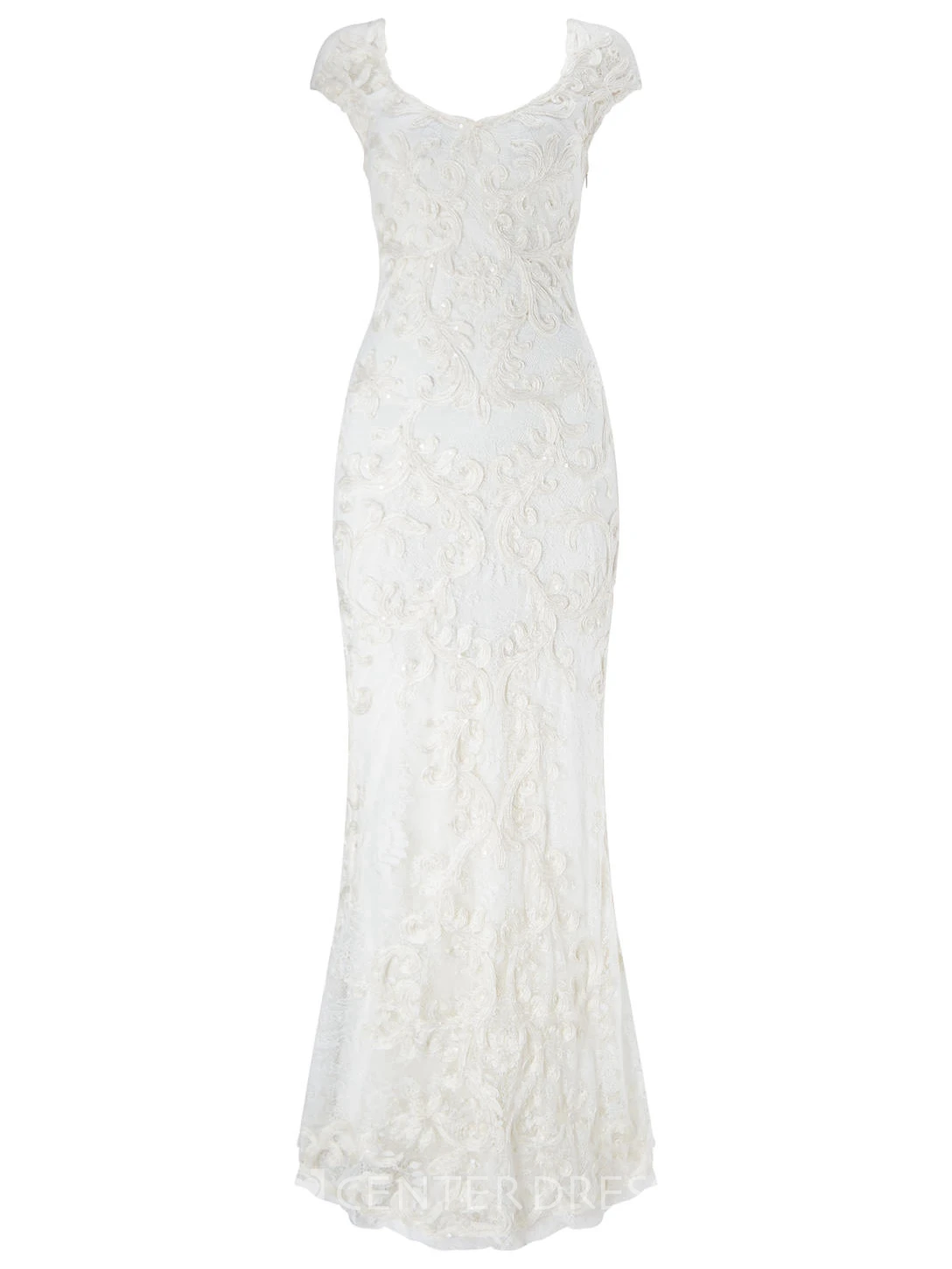 Sheath V-Neck Cap-Sleeve Lace Spring Wedding Dress With Embroidery
