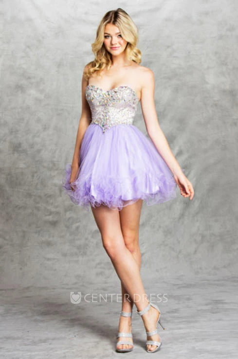 A-Line Mini Sweetheart Sleeveless Tulle Backless Dress With Beading And Ruffles