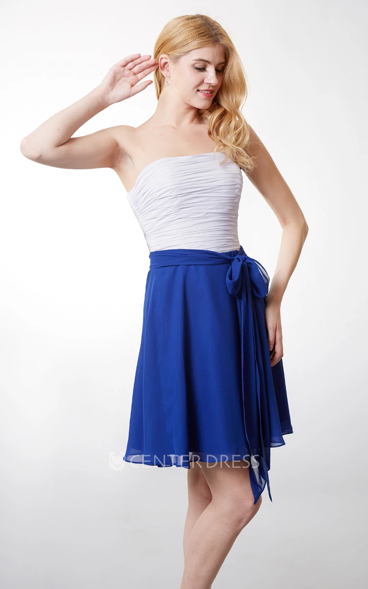 Strapless Short A-line Chiffon Dress With Backless and Sash