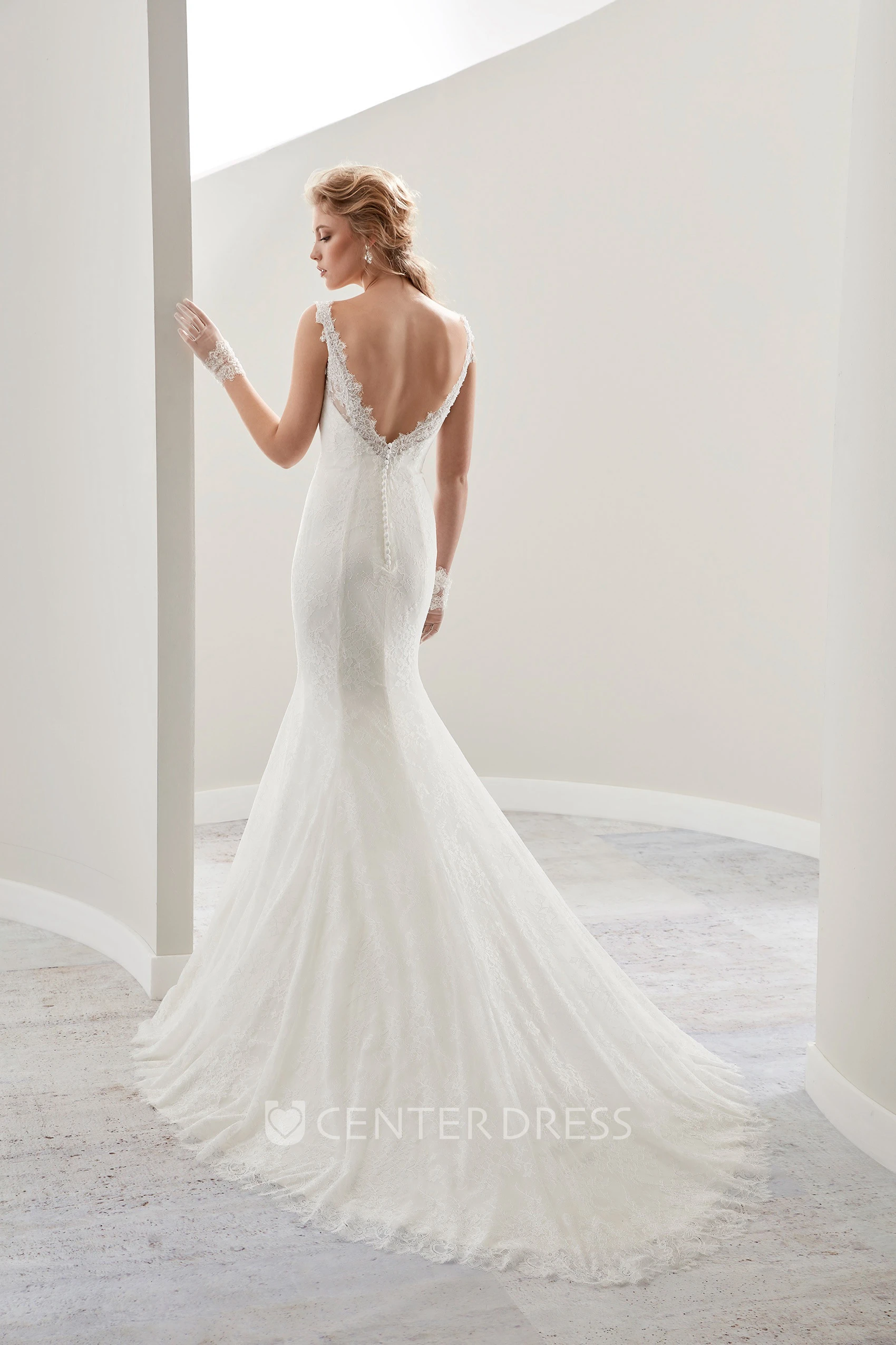 V-neck Cap sleeve Sheath Wedding Gown with Open Back and Illusive Lace Straps