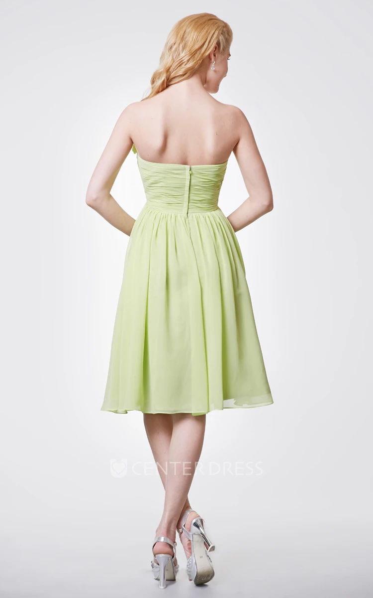 Floral Empire Knee Length Strapless Chiffon Dress With Pleated Skirt