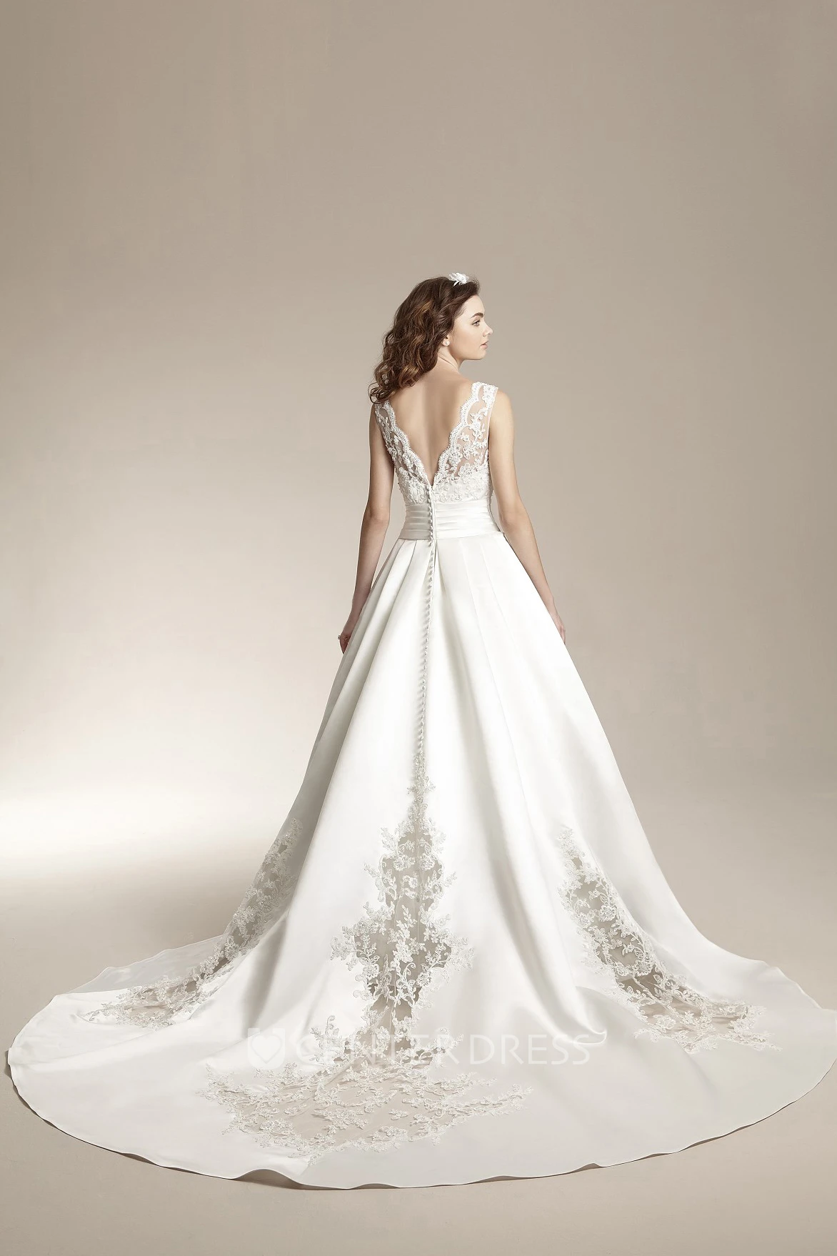 Sleeveless V-Neck Ballgown With Appliques And Lace Detail