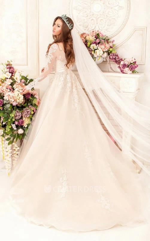 A-Line Floor-Length Scoop Long-Sleeve Low-V-Back Lace Dress With Appliques And Waist Jewellery