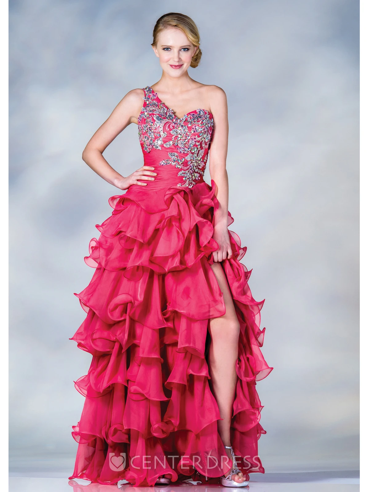 A-Line One-Shoulder Sleeveless Organza Dress With Tiers And Split Front