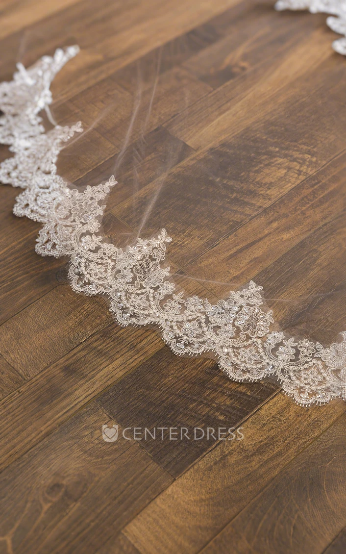 Modern Sparkly Boho Lace Sequins Tulle Two Tier Cathedral Length WeddingVeils with Comb