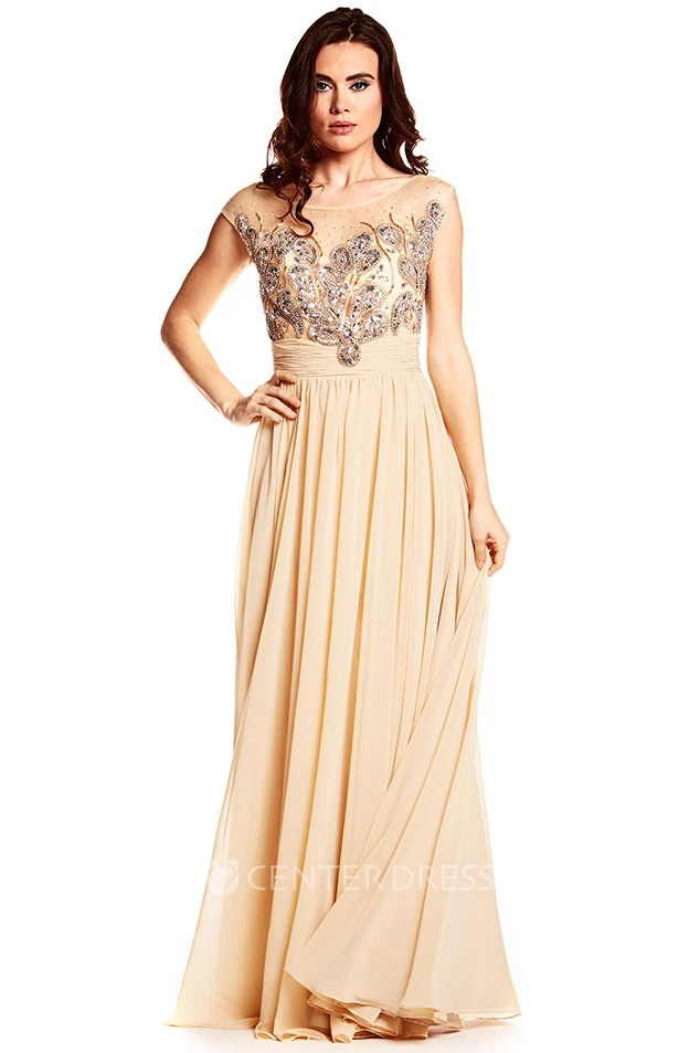 Scoop Neck Beaded Cap Sleeve Chiffon Prom Dress With Low-V Back