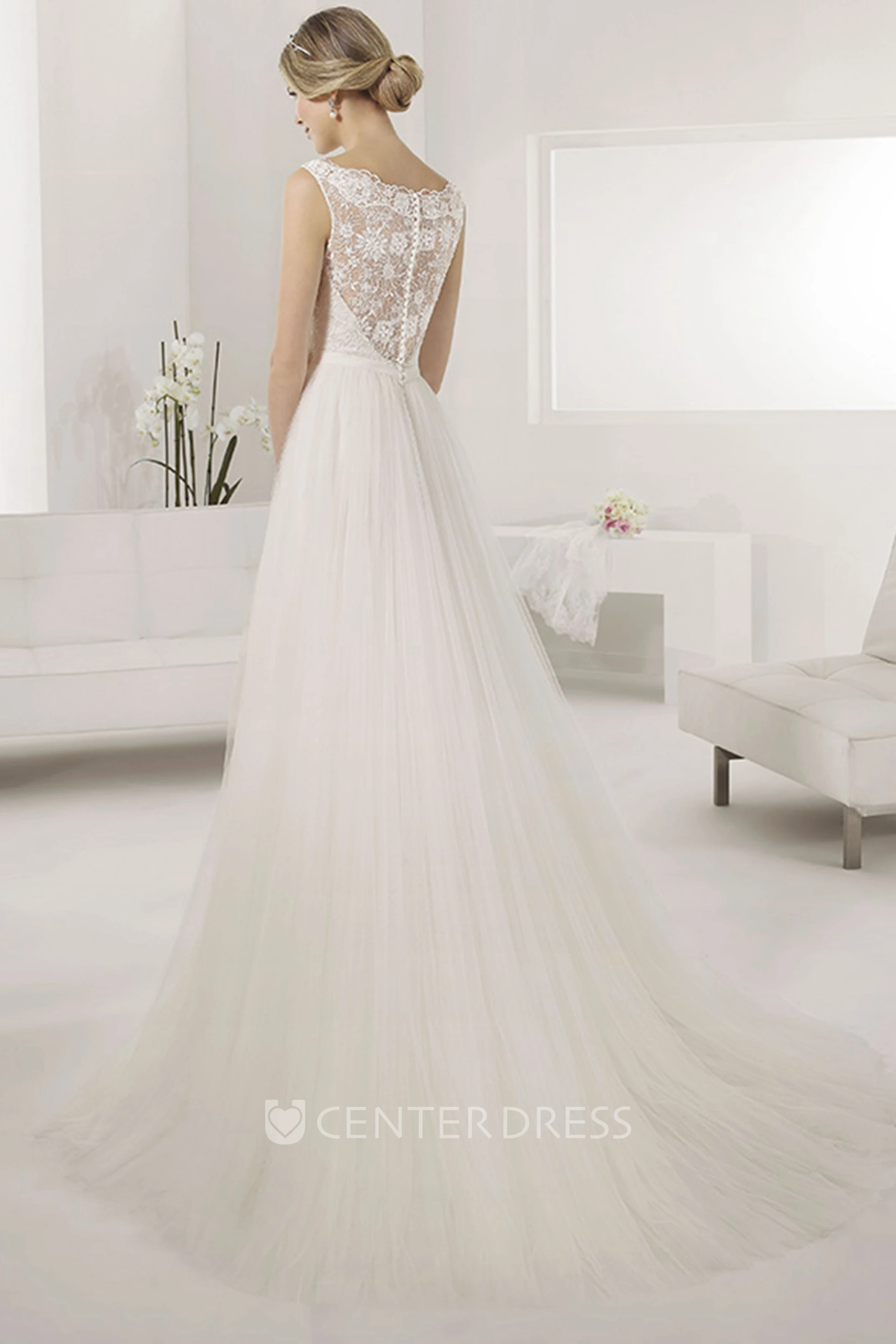 Bateau Sleeveless A-line Pleated Tulle Gown With Lace Top And Waist Flower