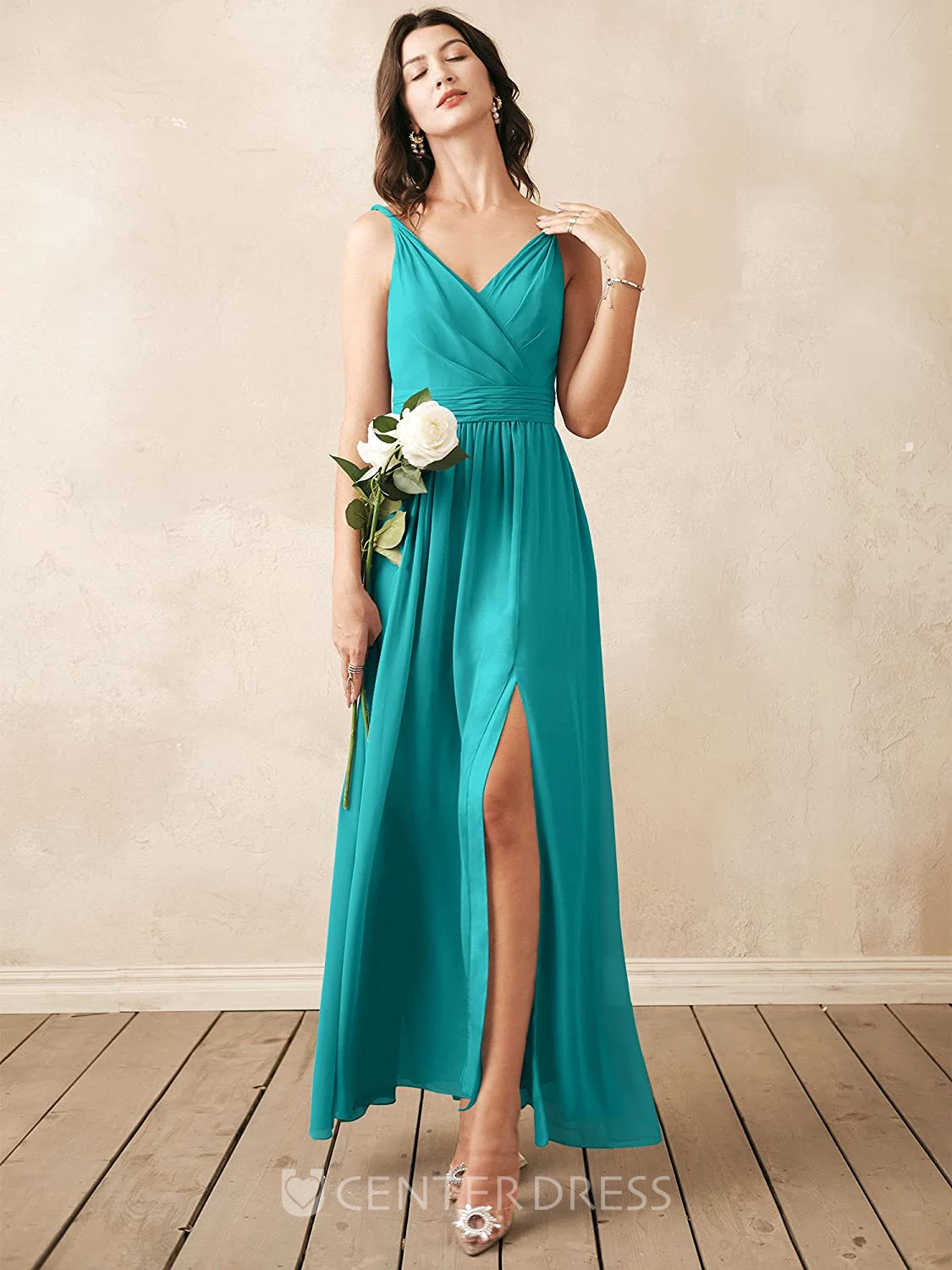 Romantic Chiffon Ankle-length V-neck A Line Sleeveless Bridesmaid Dress With Ruching