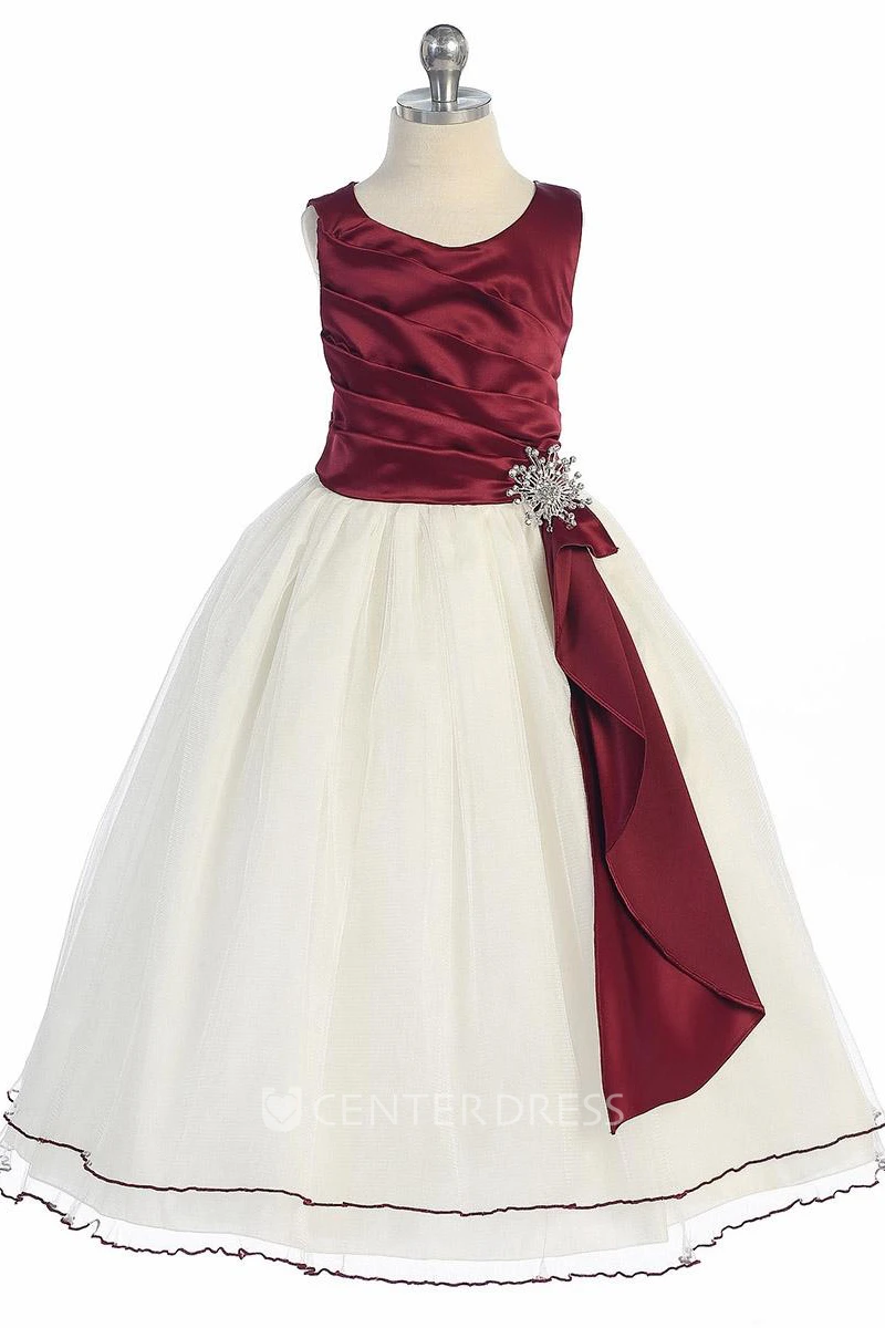 Broach Tea-Length Pleated Satin Flower Girl Dress With Ruffles