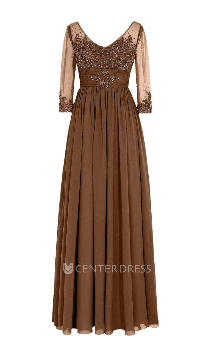 3 4 Sleeved V-neck Chiffon Gown With Illusion Sleeves